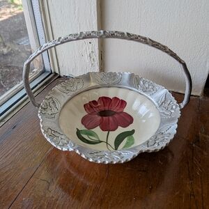 Vintage Blue Ridge Pottery Hammered Aluminum Basket Red Flower Green Trim Bowl